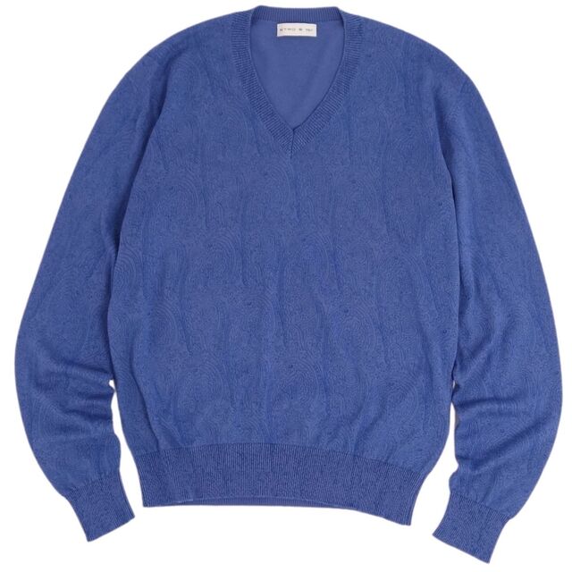 美品 エトロ ETRO ニット セーター ロングスリーブ Vネック ペイズリー柄 総柄 コットン トップス メンズ S ブルー | フリマアプリ ラクマ