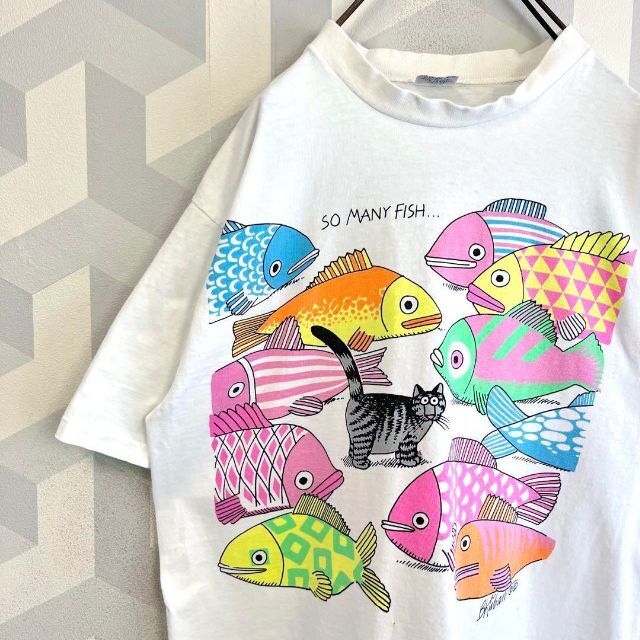 【クリバンキャット】90s USA製 魚 Tシャツ 白 ネコ猫 アニマル 白