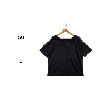 ユニクロ(UNIQLO)のGU【オープンショルダードルマンTシャツ L ブラック】袖フリンジ　フェミニン(カットソー(半袖/袖なし))