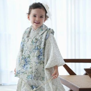 七五三 女 3歳 レース 着物 セット ゴブラン調 三つ身 青 被布 正月の