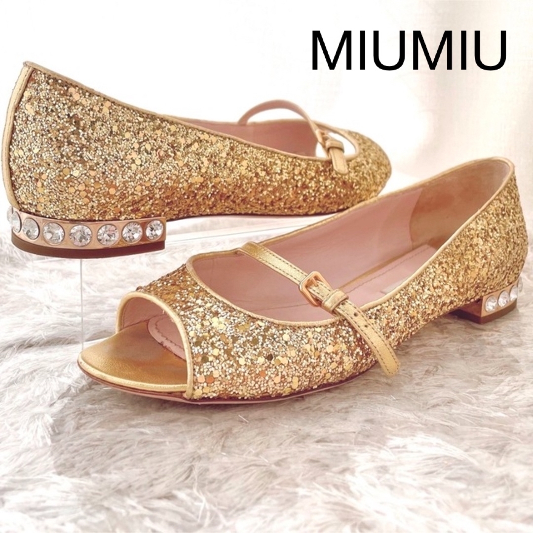 美品！MIUMIU ゴールドラメグリッターサンダル フラット パンプス