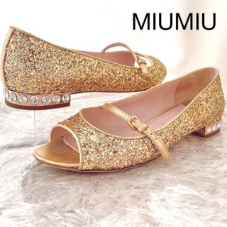 【MIUMIU】美品ミュウミュウ グリッター リボン フラットパンプス ゴールド