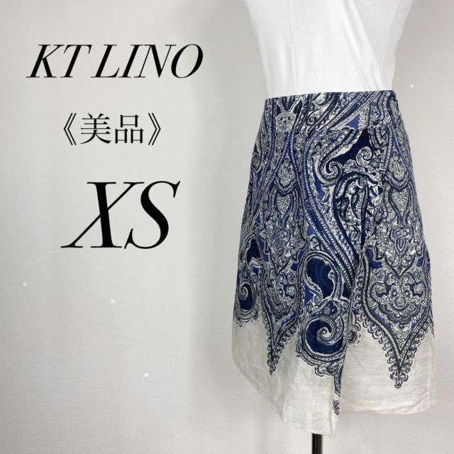 美品　KT LINO　ひざ丈台形スカート　ペイズリー柄　麻混　薄手　通勤　デート レディースのスカート(ひざ丈スカート)の商品写真