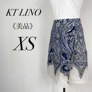 美品　KT LINO　ひざ丈台形スカート　ペイズリー柄　麻混　薄手　通勤　デート(ひざ丈スカート)