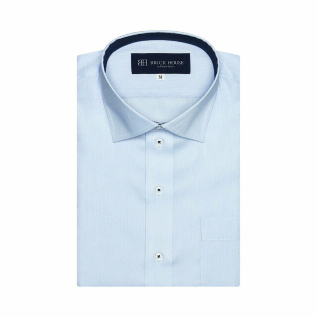 【ブルー】(M)形態安定 ワイドカラー 半袖 ワイシャツ