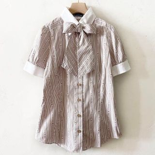 バーバリーブルーレーベル(BURBERRY BLUE LABEL)の美品◆バーバリーブルーレーベル◆ストライプリボンブラウス　半袖　　2WAY　パフ(シャツ/ブラウス(半袖/袖なし))