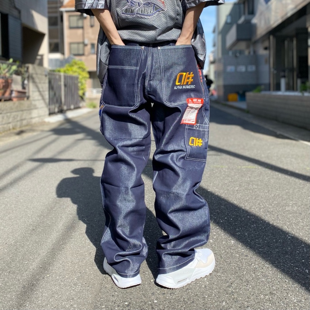 00's Deadstock fubu バギー デニム ペインターパンツ 刺繍 ヒップホップパンツ メタリックデニム ネイビー系 サイズ：W34 L32 デッドストック あす楽対応【新古品】