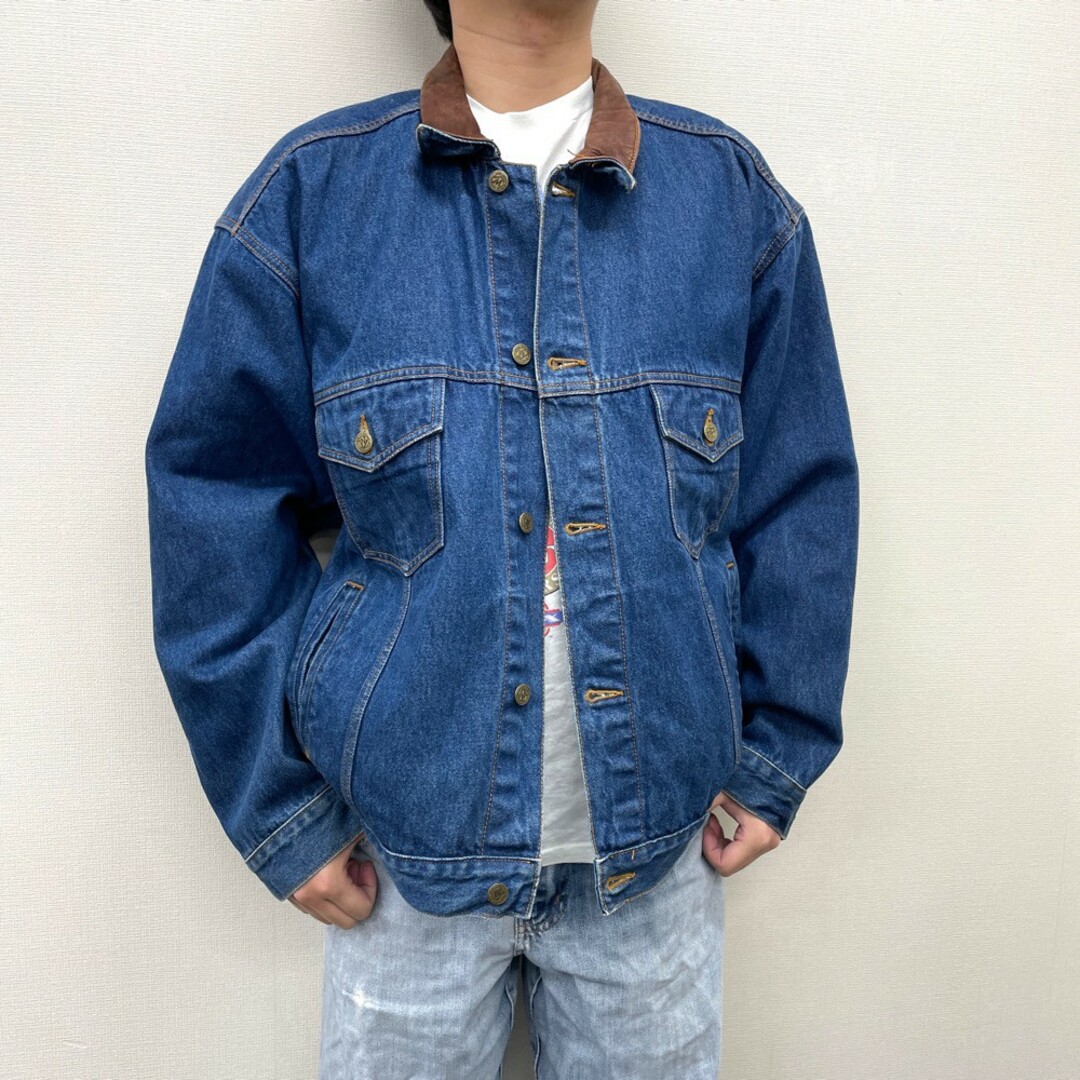 90's US マルボロ カントリー ストア MARLBORO COUNTRY STORE デニム ジャケット ジージャン 襟レザー 長袖 サイズ：メンズ XL ビッグサイズ インディゴ