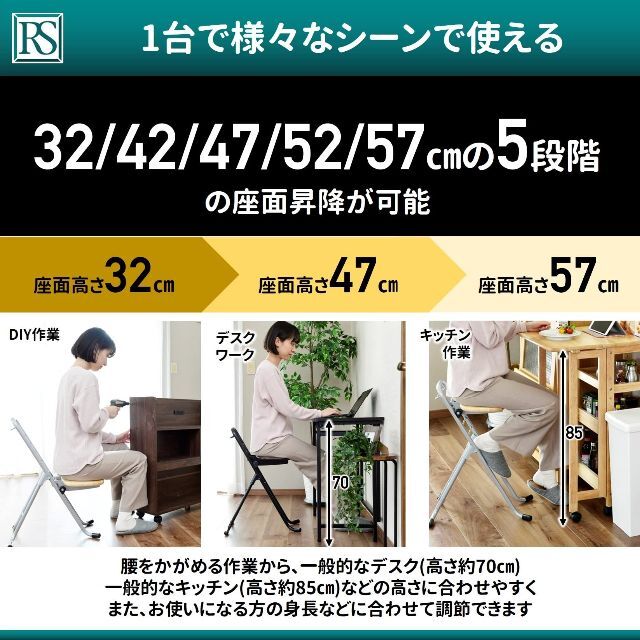 【色: ダークブラウン】ルネセイコウ 日本製 折りたたみ椅子 座面5段階高さ調節
