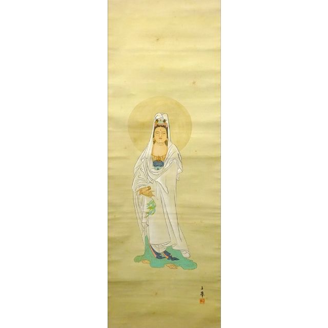 掛軸 真挙『観音菩薩』仏画 絹本 肉筆 無地箱付 掛け軸 w030714