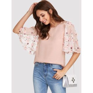 エイチアンドエム(H&M)のSHEIN フラワーアップリケメッシュスリーブ ブラウス トップス ピンク XS(シャツ/ブラウス(半袖/袖なし))