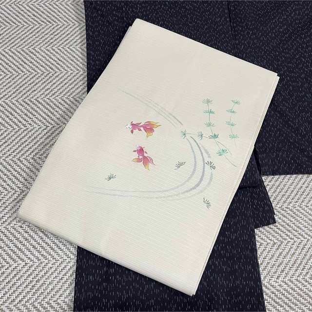 正絹 紗絽 夏帯 名古屋帯 クリーム色 金魚柄 激安通販店舗 レディース