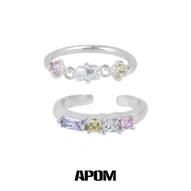 "APOM" オリジナル カラフルガラスストーン リング2個セット 指輪