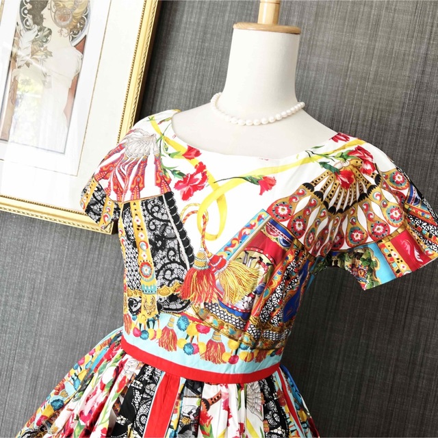 美品 DOLCE&GABBANAドルガバ コットン フレア ワンピース ドレス-