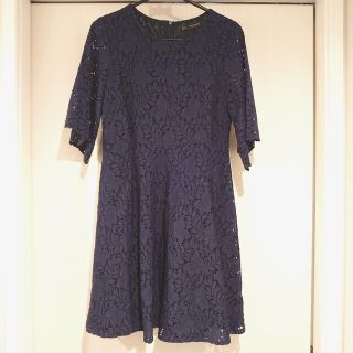 ザラ(ZARA)のZARA BASIC 総レースワンピース XS ネイビー 五分袖 裏地付き(ミニワンピース)