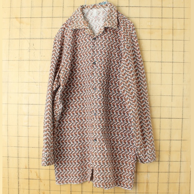 60s 70s EURO 総柄 シャツ メンズM相当 ブラウン 長袖 ss141 - シャツ
