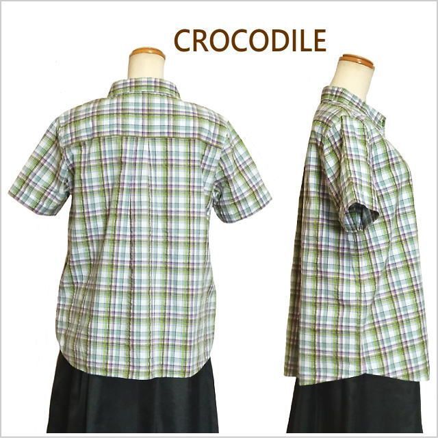 Crocodile(クロコダイル)の［クロコダイル］緑ブルーチェック柄半袖シャツ ワニマーク レディース M～L位 レディースのトップス(シャツ/ブラウス(半袖/袖なし))の商品写真