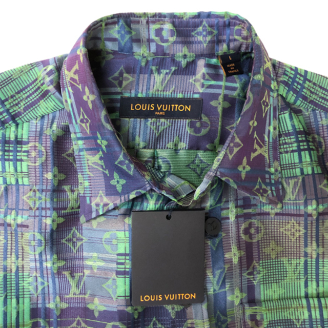 LOUIS VUITTON 2021AW Monogram Neon Check Oversized Business Shirt 1A97EC ルイヴィトン モノグラムネオンチェックオーバーサイズビジネスシャツ 総柄 パープル×グリーン サイズXL【230622】【新古品】【me04】