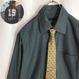 レトロ古着 長袖シャツ ネクタイコーデ 小紋 総柄 シルク100%深緑 XL
