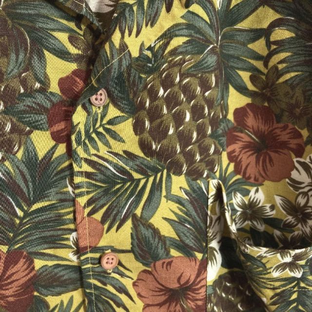 暗めグリーン◉素材ビンテージアロハシャツ レーヨン 総柄パイナップル花柄ハイビスカス暗め緑色L