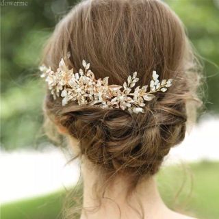 ヘッドドレス 小枝　ピンクゴールド　ウェディングヘアアクセサリー　結婚式(ラバーベルト)