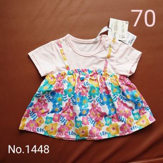 No.1448★70サイズ/ドッキング重ね着風カラフル花柄カットソーTシャツ(Ｔシャツ)