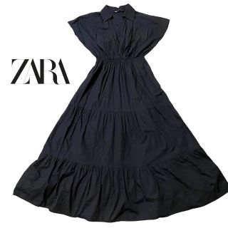 ザラ(ZARA)の【美品】ザラ　zara ロングティアードカシュクールワンピース　ブラック　半袖(ロングワンピース/マキシワンピース)