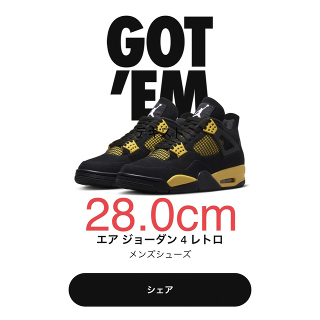 Nike Air Jordan 4 Retro “Thunder” 28.0cm靴/シューズ