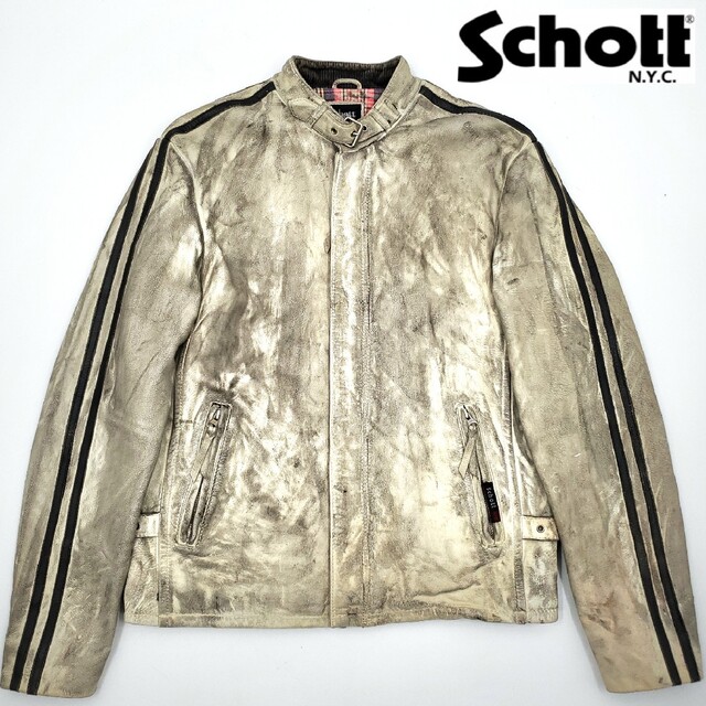 希少ビンテージ加工◆Schott◆レザーライダースジャケット白黒メンズM　613カラーアイボリー