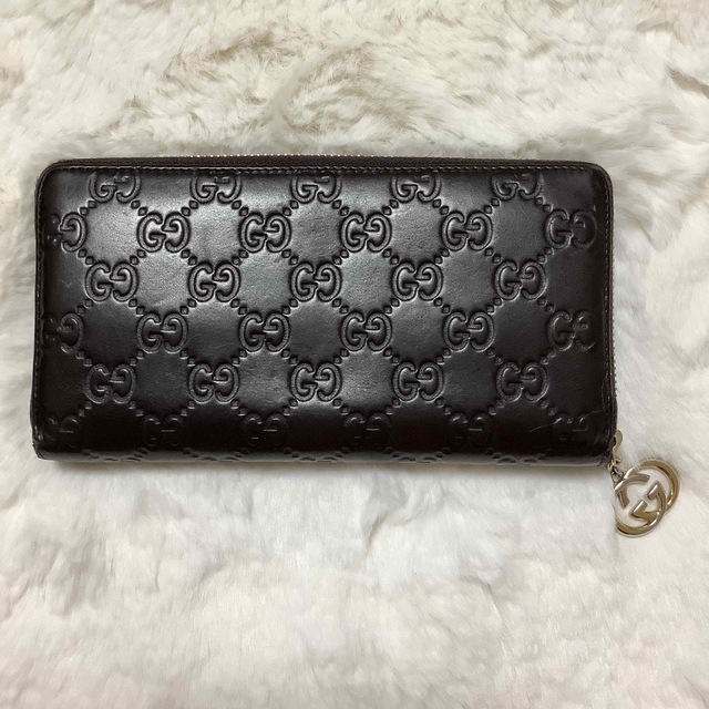 グッチ 長財布 レザー ダークブラウン ラウンドファスナー ユニ