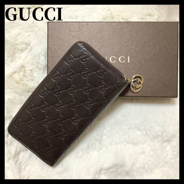 Gucci - グッチ 長財布 レザー ダークブラウン ラウンドファスナー