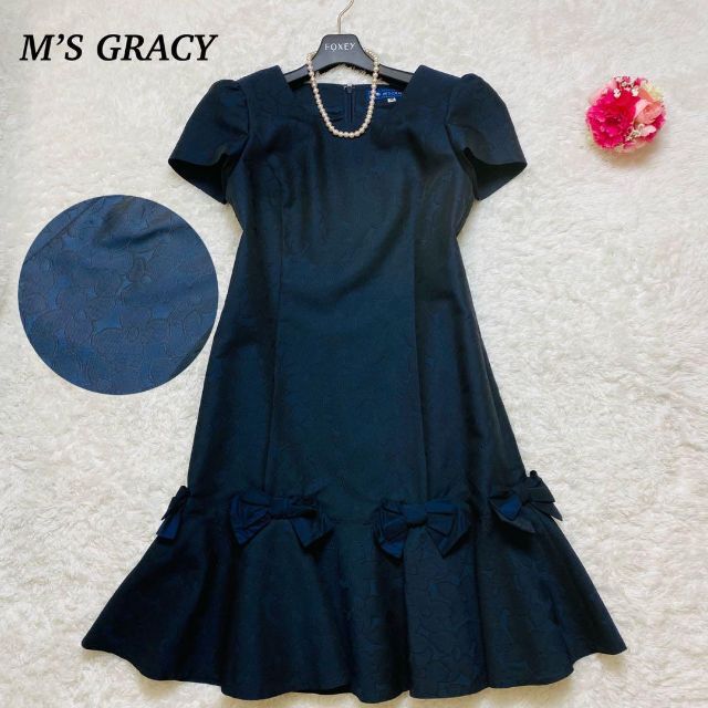 【美品】M'S GRACY  ワンピース　ジャガード　リボン　ネイビー　38