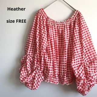 ヘザー(heather)のHeather 赤チェック バルーンスリーブカットソー 少し透けます(カットソー(長袖/七分))