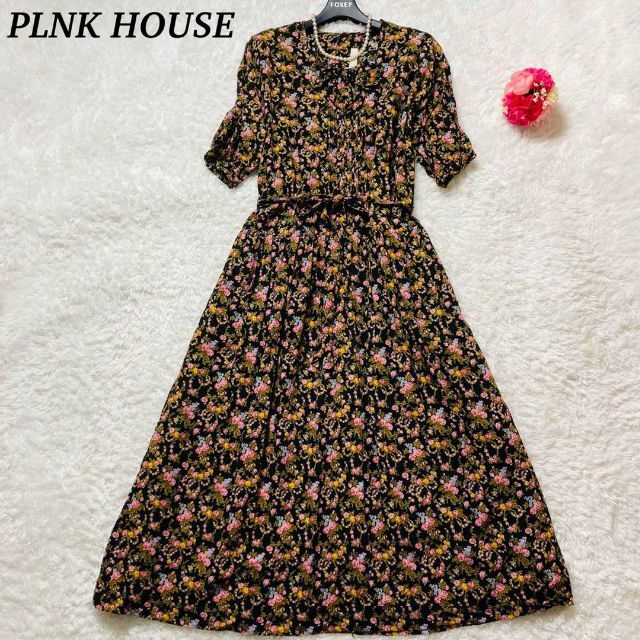 【美品】PINK HOUSE ロングワンピース　花柄　ピコフリル　リボン　黒