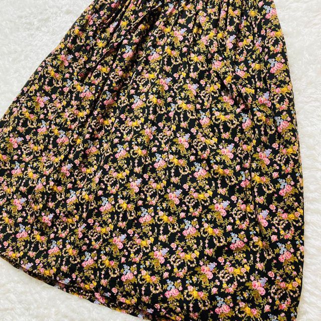 【美品】PINK HOUSE ロングワンピース 花柄 ピコフリル リボン 黒