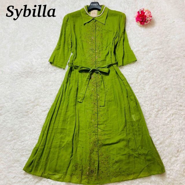 Sybilla - 【美品】Sybilla  シャツワンピース　リネン　ビジュー　グリーン