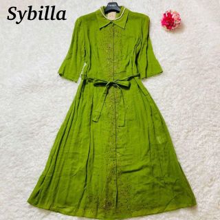 シビラ(Sybilla)の【美品】Sybilla  シャツワンピース　リネン　ビジュー　グリーン(ひざ丈ワンピース)