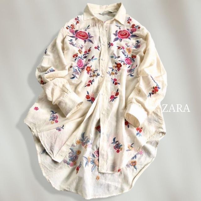 【人気♡】　ZARA　シルクブレンド　花柄刺繍ロングシャツ　オーバーサイズ　M | フリマアプリ ラクマ