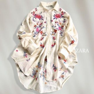 ザラ(ZARA)の【人気♡】　ZARA　シルクブレンド　花柄刺繍ロングシャツ　オーバーサイズ　M(シャツ/ブラウス(長袖/七分))