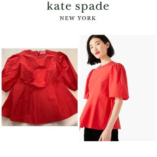 ケイトスペードニューヨーク(kate spade new york)のケイトスペード　レッド　ラインストーン　カットソー　ペプラム　ブラウス(シャツ/ブラウス(半袖/袖なし))