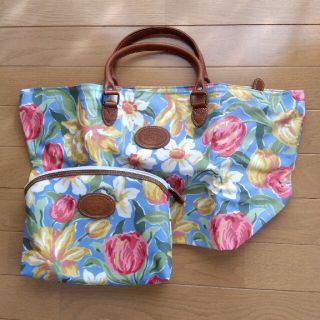 ローラアシュレイ(LAURA ASHLEY)のLaura Ashley　ポーチ入りトートバッグ　綿プリント　革　未使用(トートバッグ)