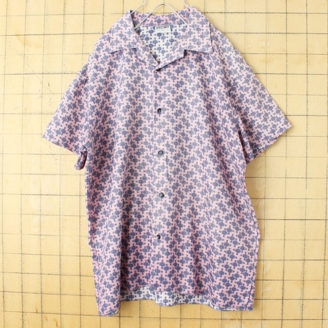 60s permaflott総柄オープンカラーシャツ Lピンク半袖 ss146