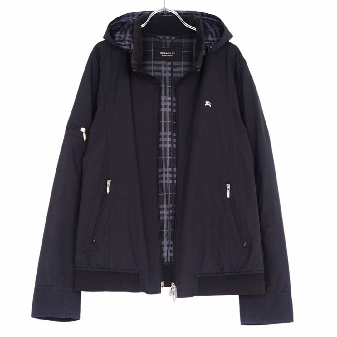 美品 バーバリー ブラックレーベル BURBERRY BLACK LABEL ジャケット ブルゾン フード付き ジップアップ ナイロン アウター メンズ L ブラック