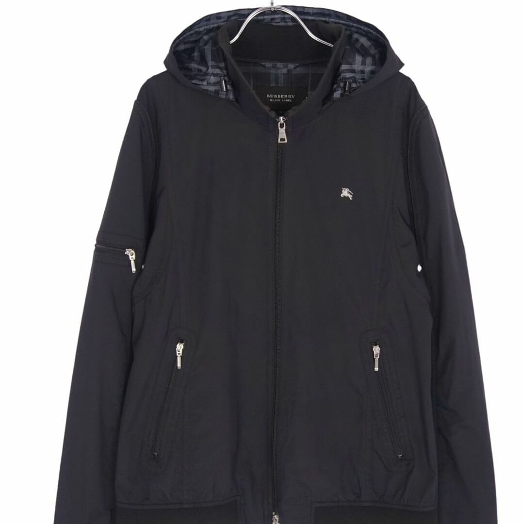 美品 バーバリー ブラックレーベル BURBERRY BLACK LABEL ジャケット ブルゾン フード付き ジップアップ ナイロン アウター  メンズ L ブラック