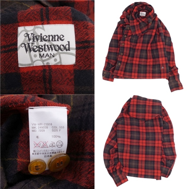 美品 ヴィヴィアンウエストウッドマン Vivienne Westwood MAN シャツ 変形 ロングスリーブ チェック ウール トップス メンズ  F(M～L相当) レッド/ブラック