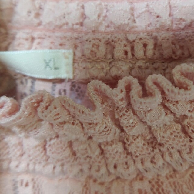 GU(ジーユー)の新品 未使用 GU レースフリルネックT 長袖 ピンク XL 桃 ピーチ レディースのトップス(Tシャツ(長袖/七分))の商品写真