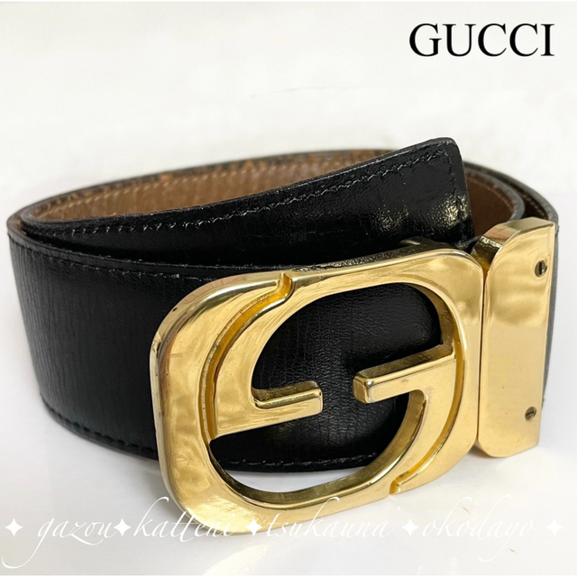 グッチ GUCCI インターロッキング ゴールド バックル ベルト 黒 レザー-