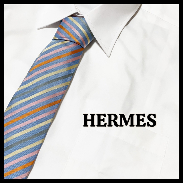 ✨美品✨ HERMES-PARIS エルメス ネクタイ シルク ストライプブルー