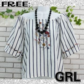 グレイル(GRL)の専用★FREE：新品 カットソー／グレイル★未使用★ストライプ・ボタニカル刺繍(シャツ/ブラウス(半袖/袖なし))