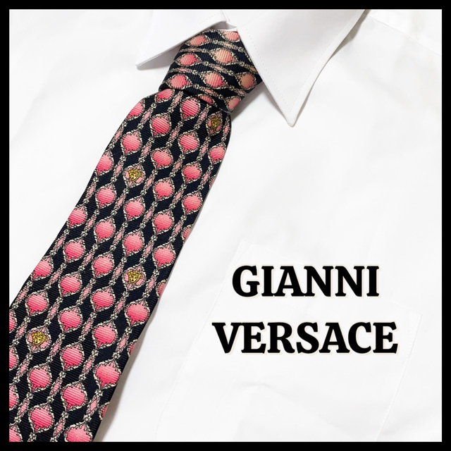 ✨美品✨ GIANNI VERSACE ネクタイ シルク100% 黒×ピンク